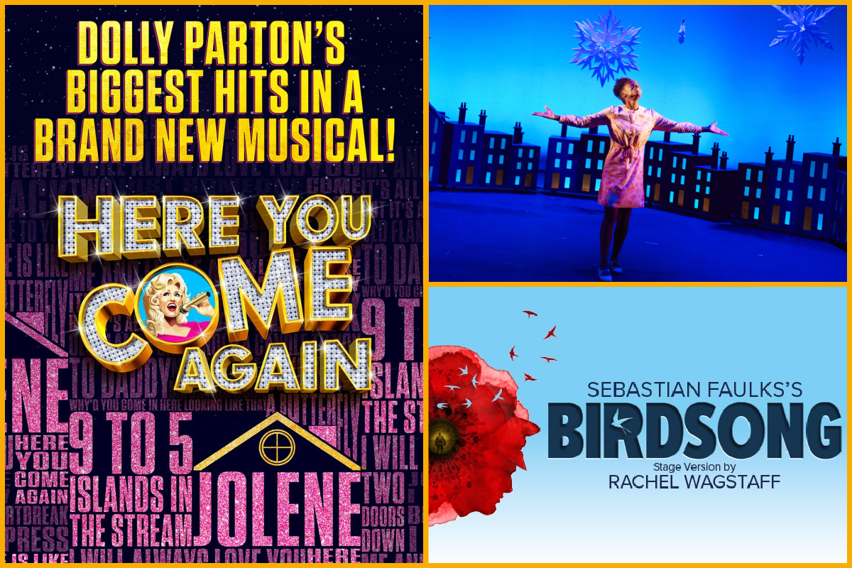 Collage of images of Here You Come Again poster, Coming to England live performance by Geraint Lewis, Birdsong poster.